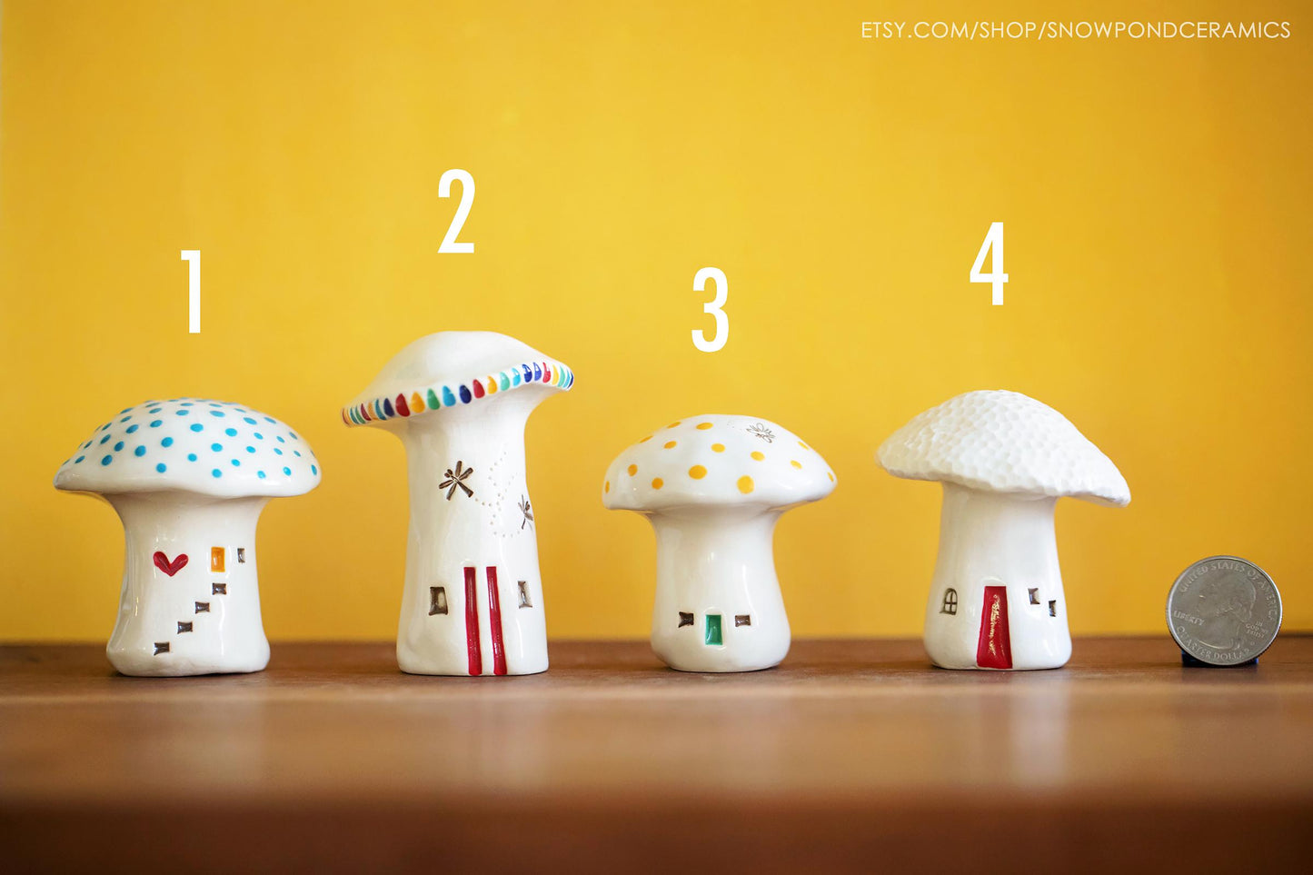 Whimsical Ceramic Polka Dot Mushroom Houses - Hearts and Dragonflies