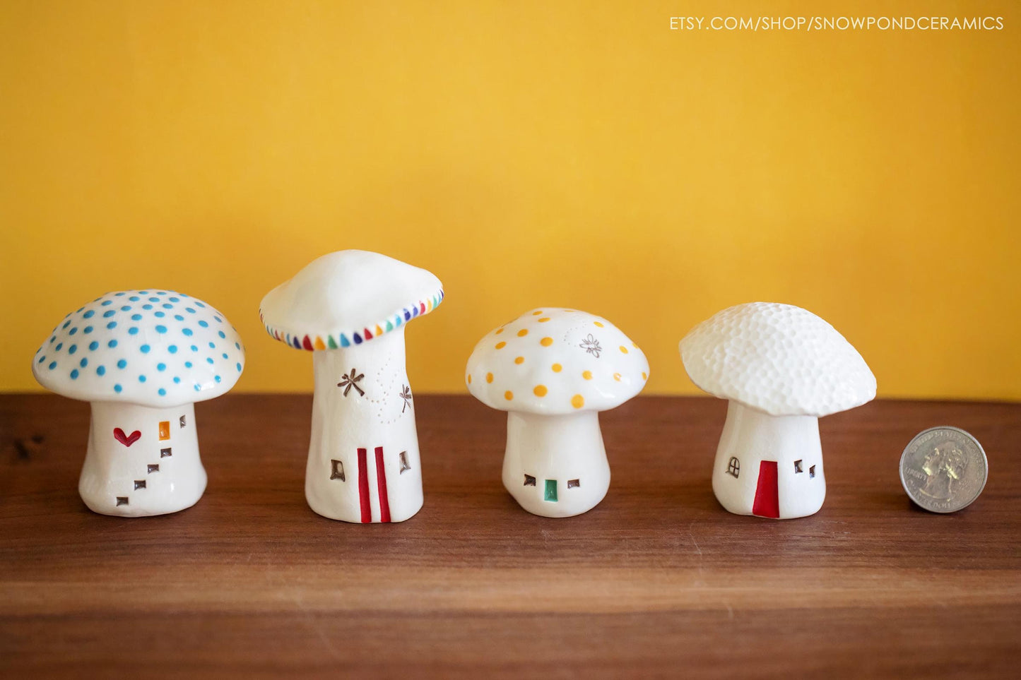 Whimsical Ceramic Polka Dot Mushroom Houses - Hearts and Dragonflies