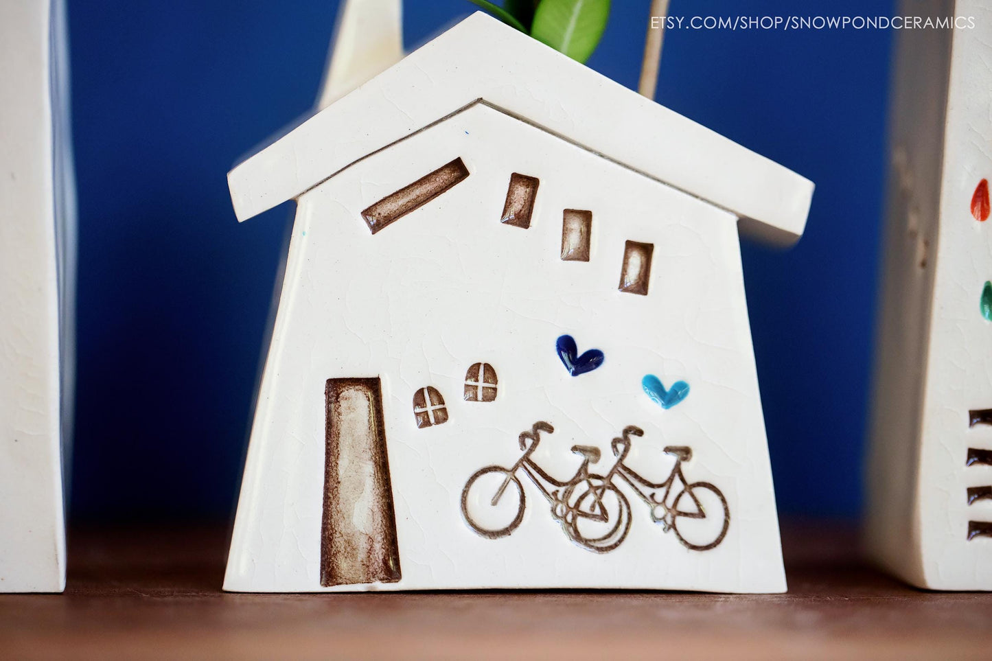 Craftsman Style Miniature Ceramic House with Hearts and Two Bicycles - Ceramic Bud Vase for Flowers, Feathers