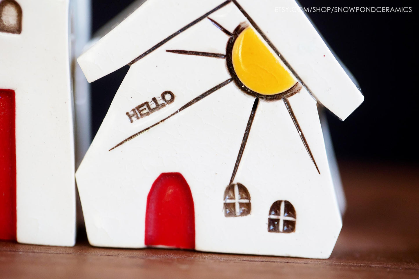 Miniature White Ceramic Houses with Sunshine, Owl and HELLO Message - Modern Tiny Village Gift