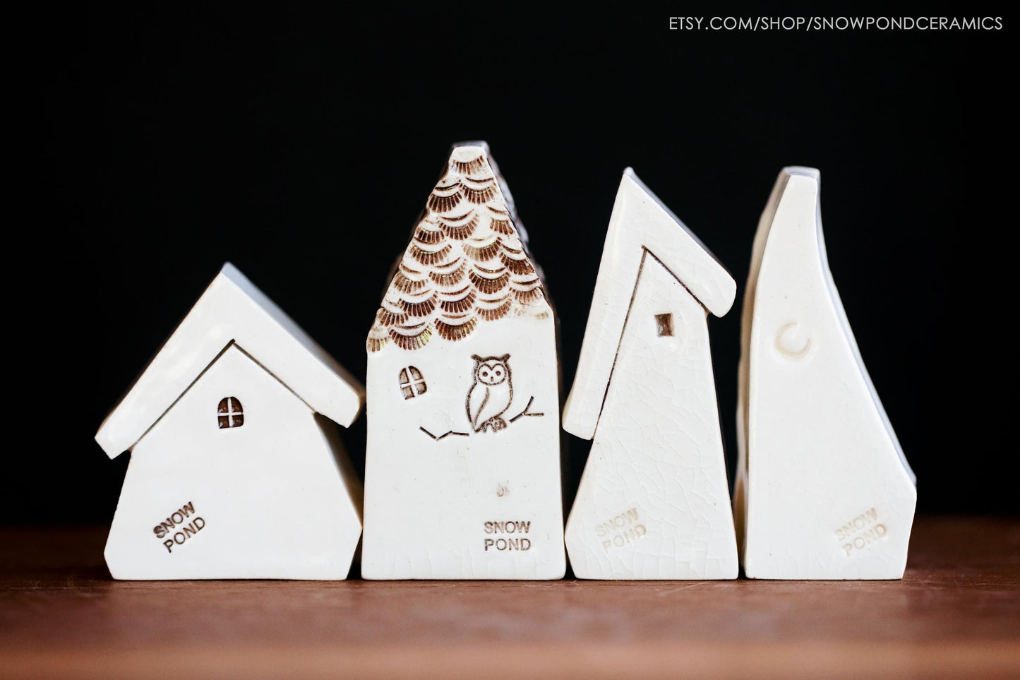 Miniature White Ceramic Houses with Sunshine, Owl and HELLO Message - Modern Tiny Village Gift