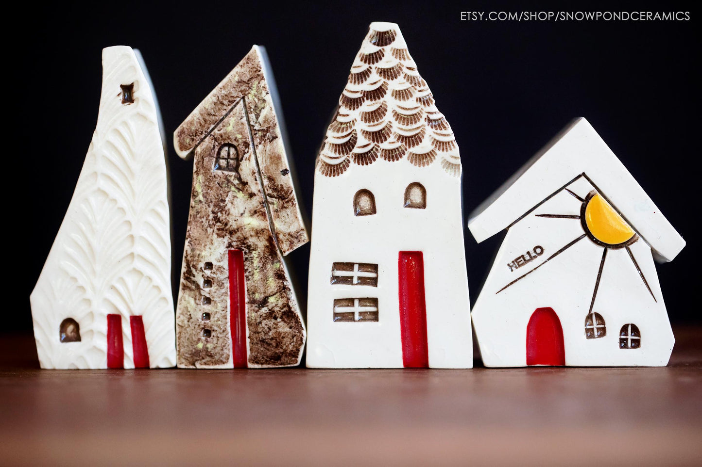 Miniature White Ceramic Houses with Sunshine, Owl and HELLO Message - Modern Tiny Village Gift