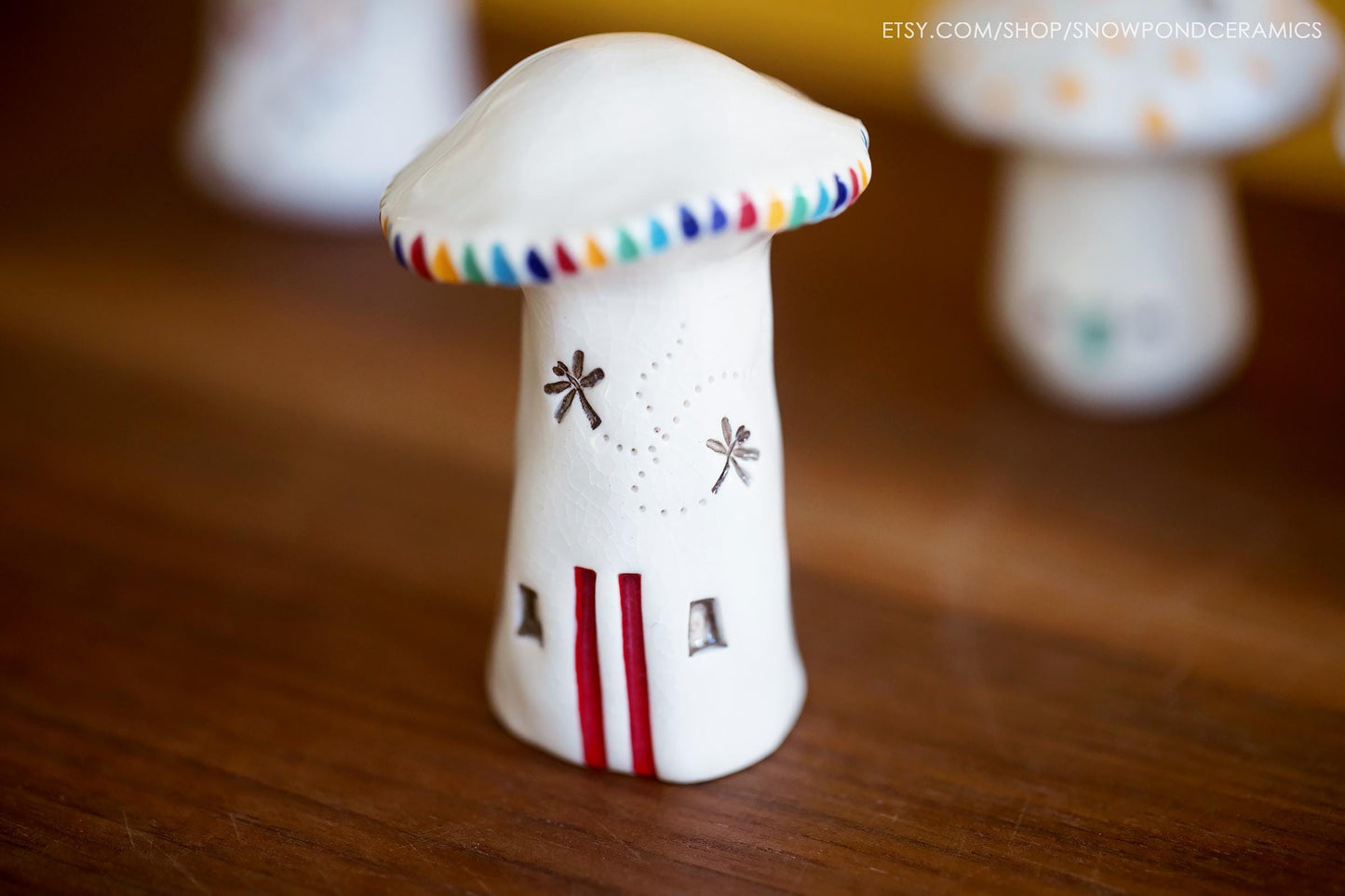 Whimsical Ceramic Polka Dot Mushroom Houses - Hearts and Dragonflies