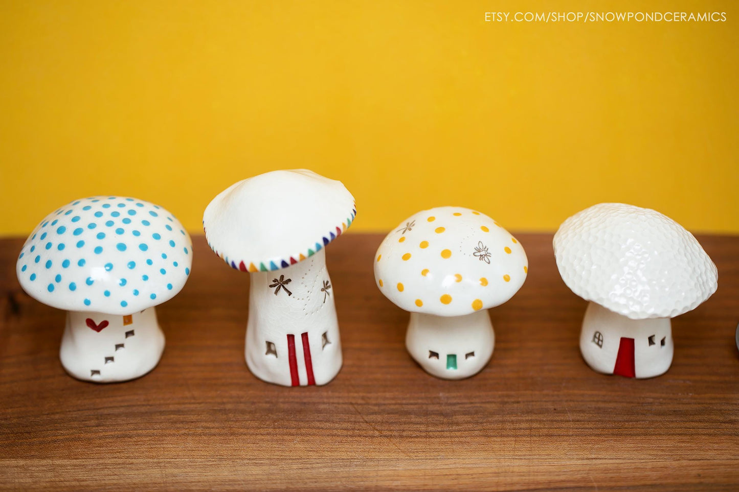 Whimsical Ceramic Polka Dot Mushroom Houses - Hearts and Dragonflies