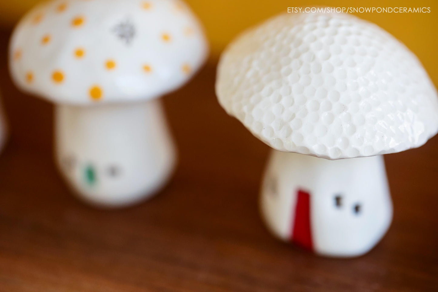 Whimsical Ceramic Polka Dot Mushroom Houses - Hearts and Dragonflies