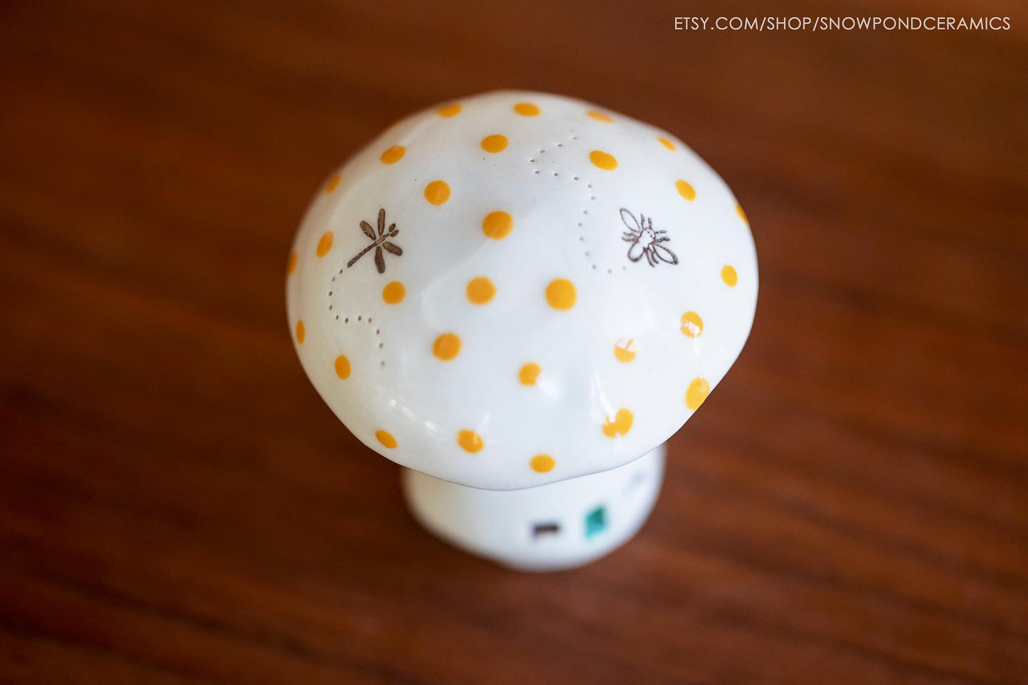 Whimsical Ceramic Polka Dot Mushroom Houses - Hearts and Dragonflies