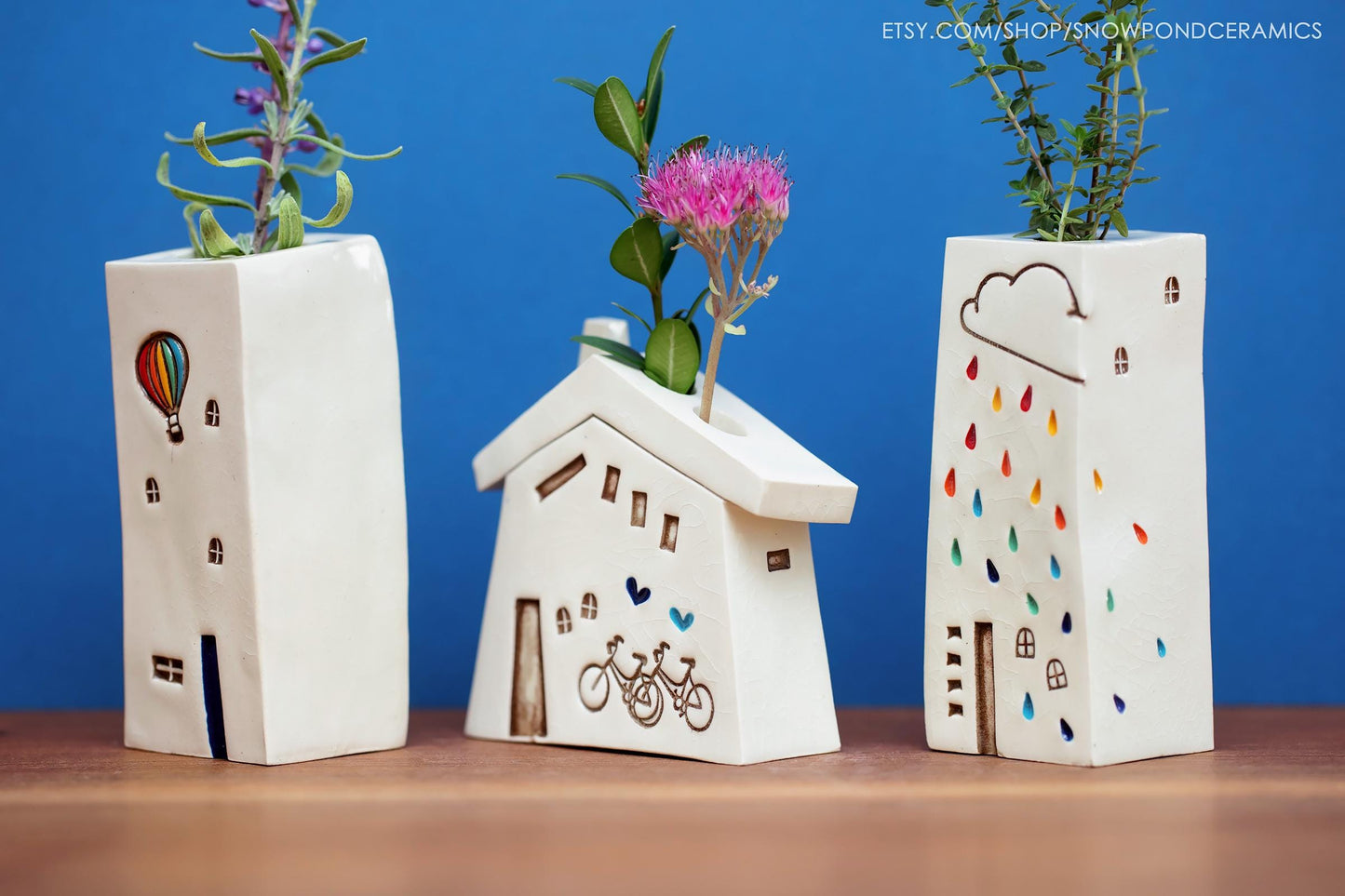 Craftsman Style Miniature Ceramic House with Hearts and Two Bicycles - Ceramic Bud Vase for Flowers, Feathers