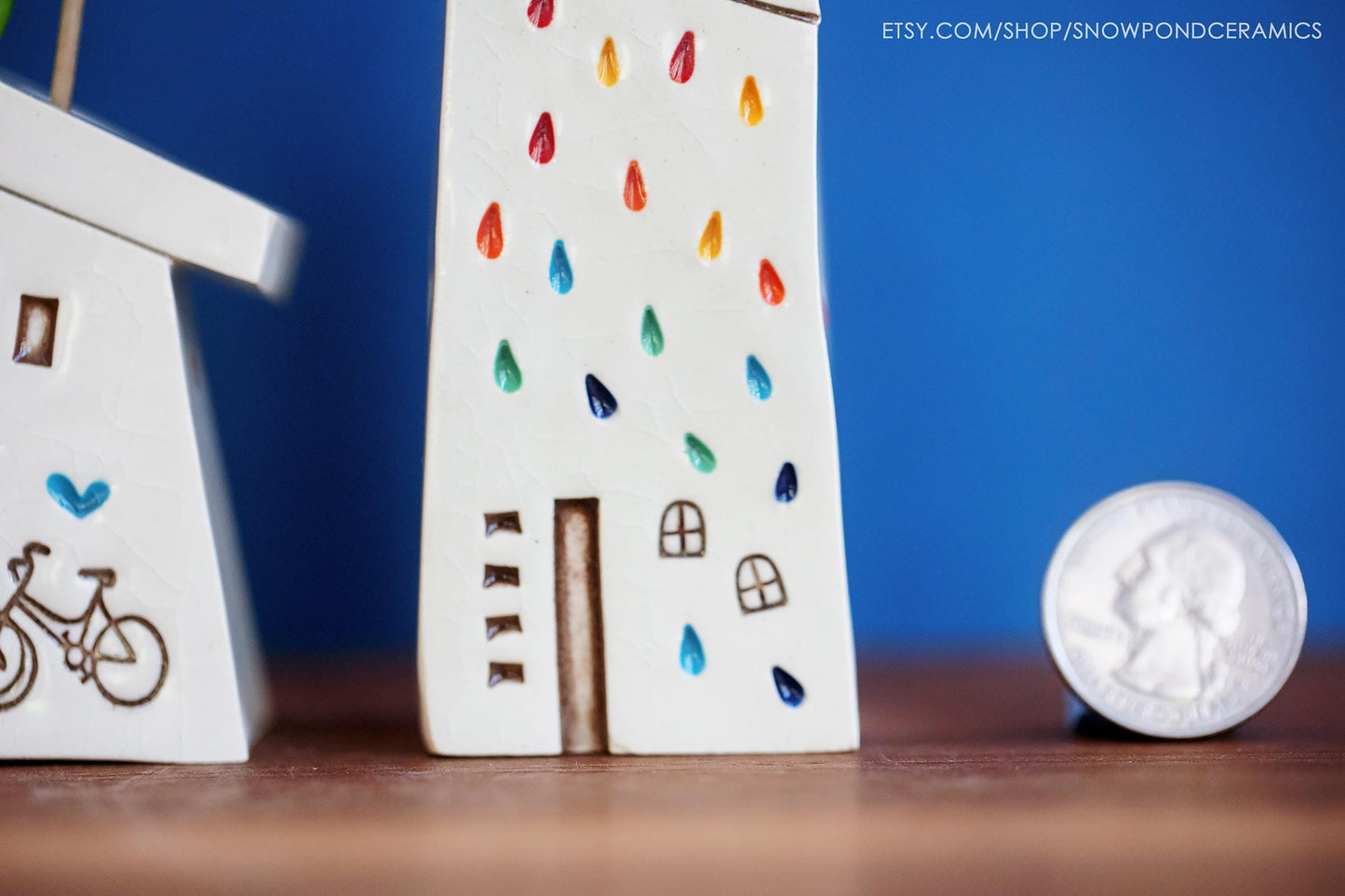 Craftsman Style Miniature Ceramic House with Hearts and Two Bicycles - Ceramic Bud Vase for Flowers, Feathers