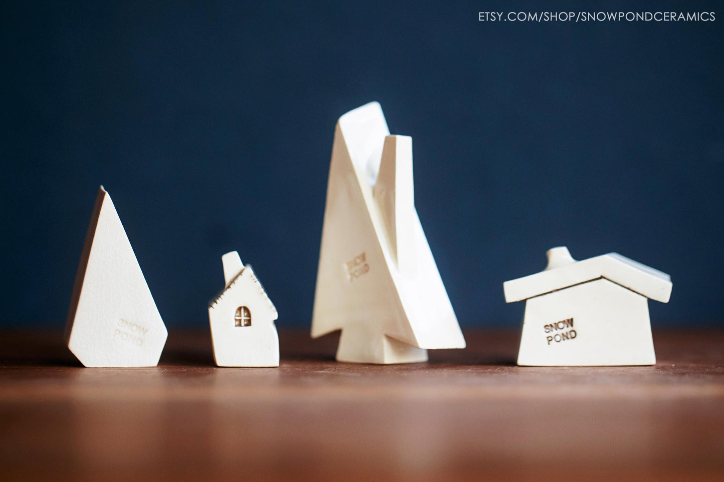 Miniature Ceramic Christmas Tree and Houses Village - Tiny Holiday Decor