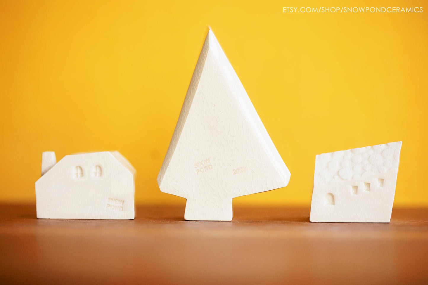 Tiny Ceramic Holiday Village with Rainbow Dot Christmas Tree -  Miniature White Houses - Minimalist Holiday Decor