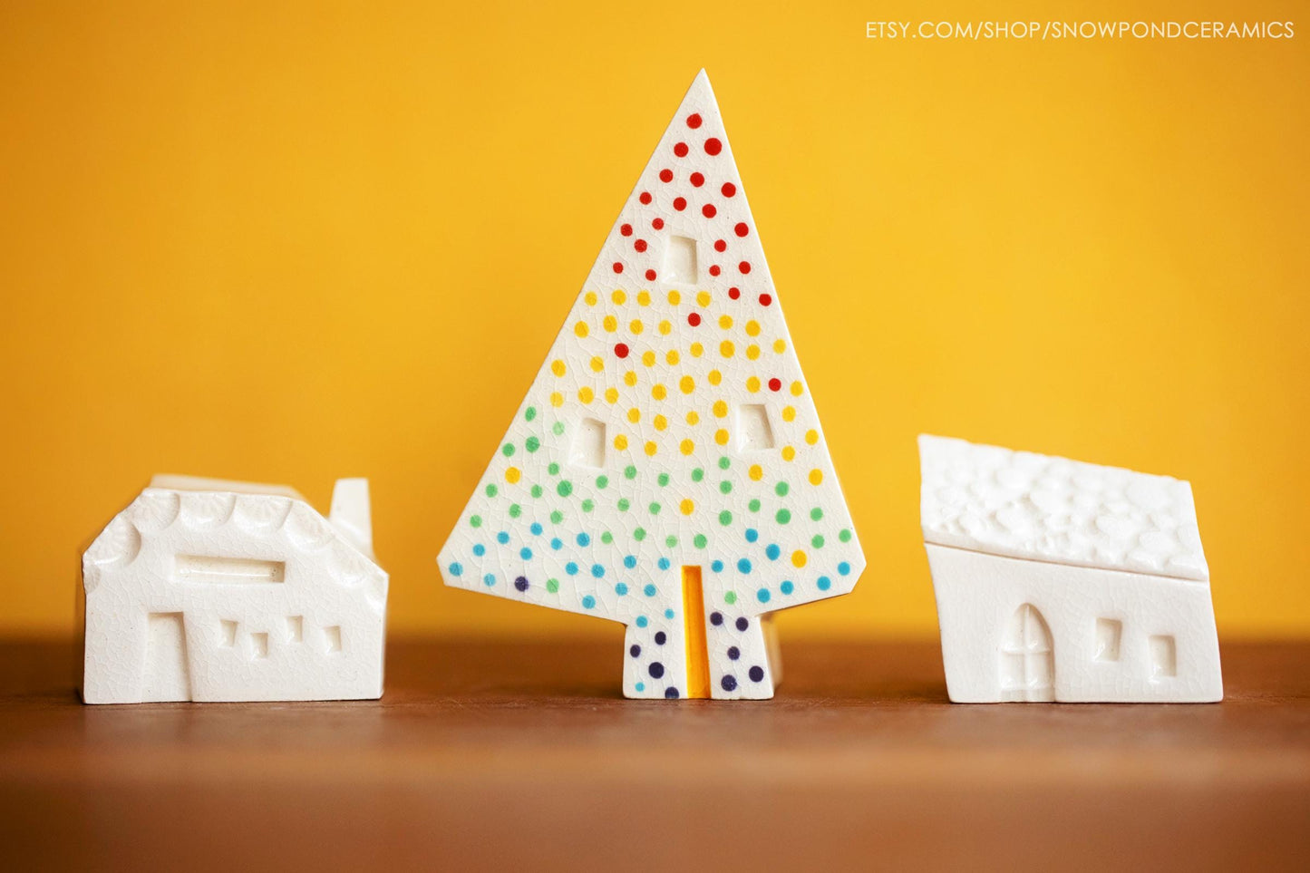 Tiny Ceramic Holiday Village with Rainbow Dot Christmas Tree -  Miniature White Houses - Minimalist Holiday Decor