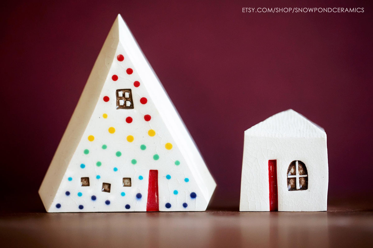 Minimalist Holiday Ceramic Village - Tiny Ceramic Christmas Tree with Modern House