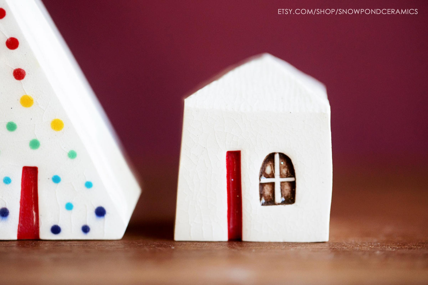 Minimalist Holiday Ceramic Village - Tiny Ceramic Christmas Tree with Modern House