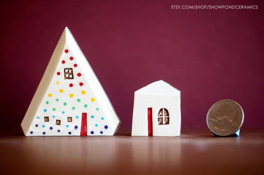 Minimalist Holiday Ceramic Village - Tiny Ceramic Christmas Tree with Modern House