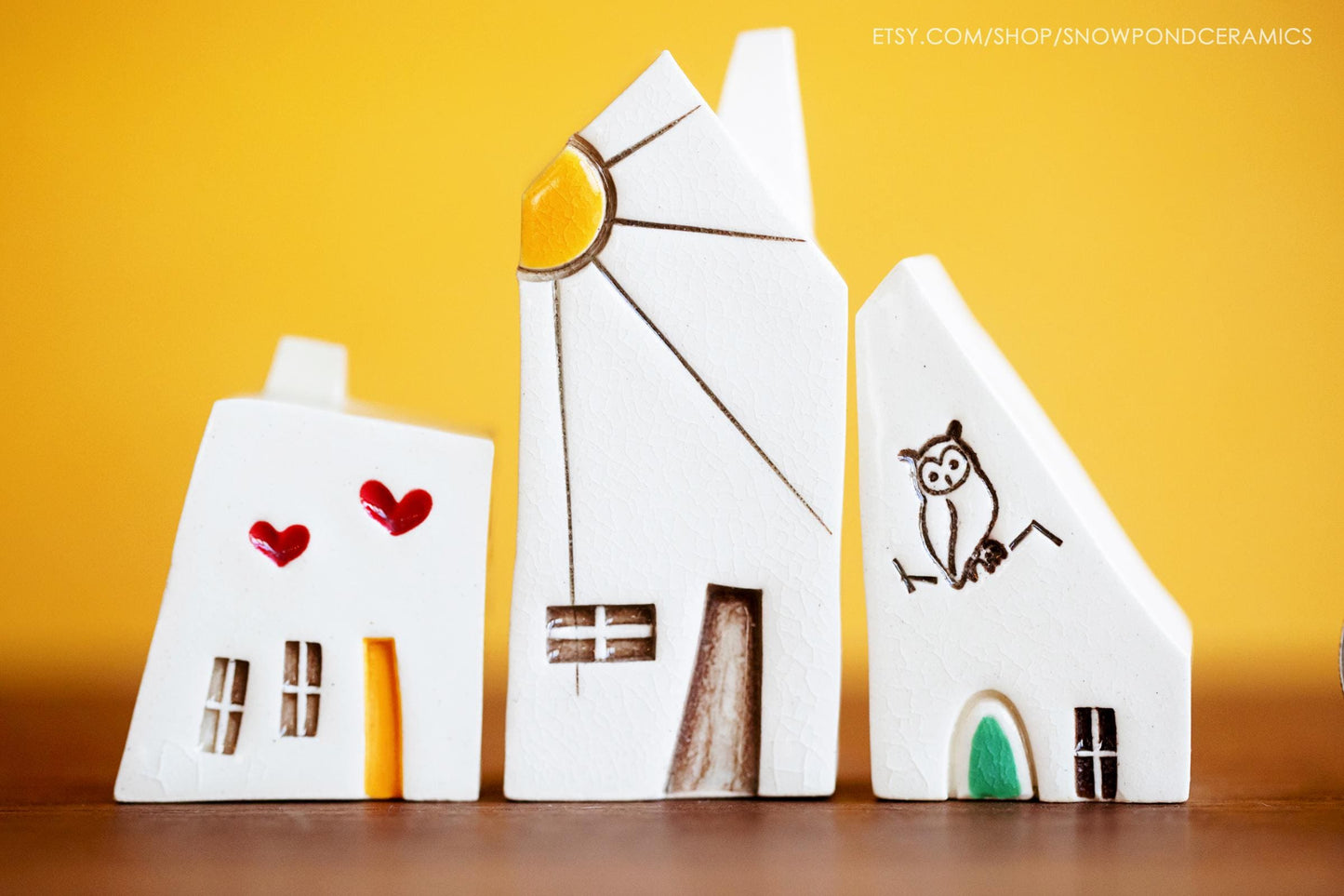 Small Whimsical Ceramic Houses with Owl, Sunshine aind Hearts - Happy Altar Decor