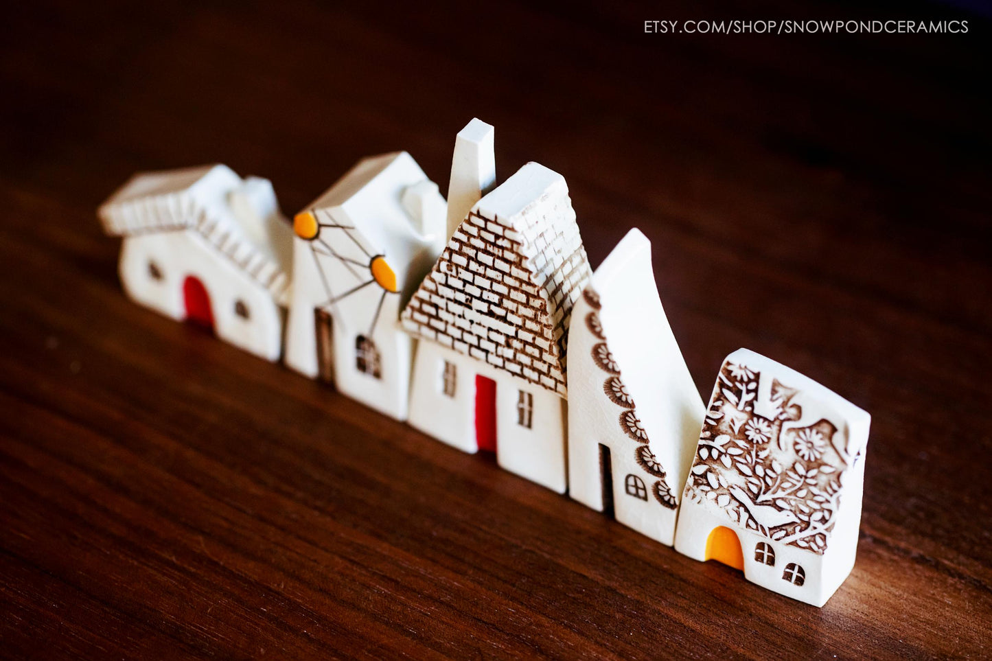 Old World Tiny Village of Ceramic Houses with Woodland Birds and Deer - Unique Handmade Housewarming Gift Idea