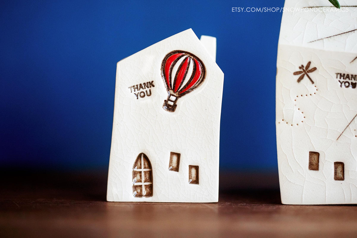 White Ceramic Miniature House Bud Vase with Thank You Message - Perfect Housewarming Present / Goodbye Gift - Hot Air Balloon / Butterfly