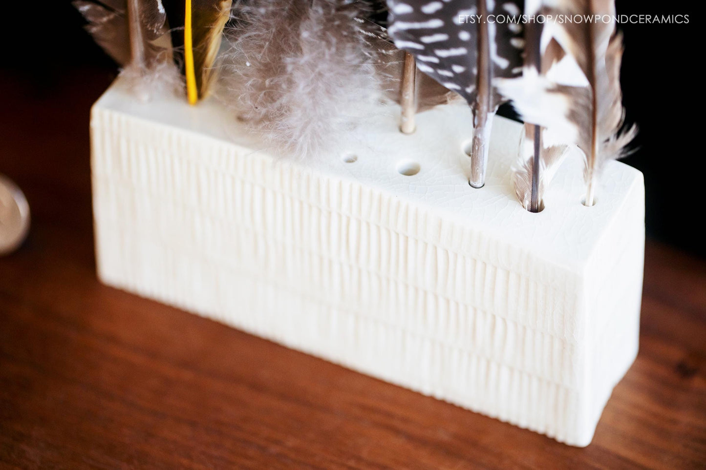 Modern White Ceramic Textured Feather Display Block - Birding Gift, Unique Eco-Friendly Present