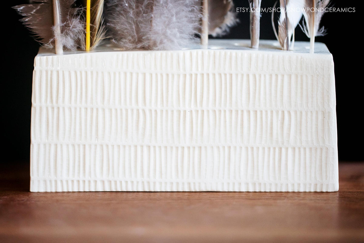 Modern White Ceramic Textured Feather Display Block - Birding Gift, Unique Eco-Friendly Present