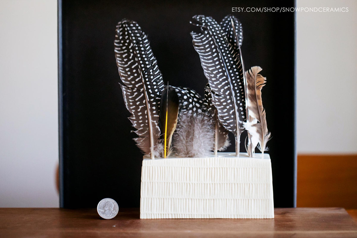 Modern White Ceramic Textured Feather Display Block - Birding Gift, Unique Eco-Friendly Present