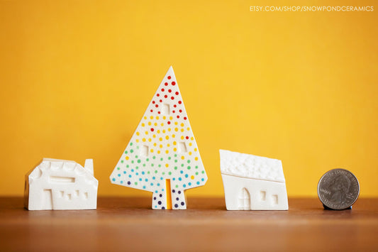 Tiny Ceramic Holiday Village with Rainbow Dot Christmas Tree -  Miniature White Houses - Minimalist Holiday Decor