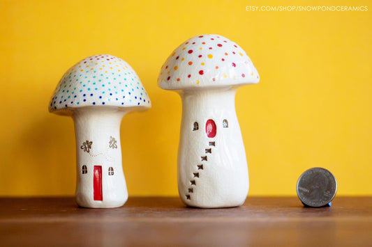 White Ceramic Mushroom Pipe House - Incognito Smoking - Glass Glaze with Rainbow Dots