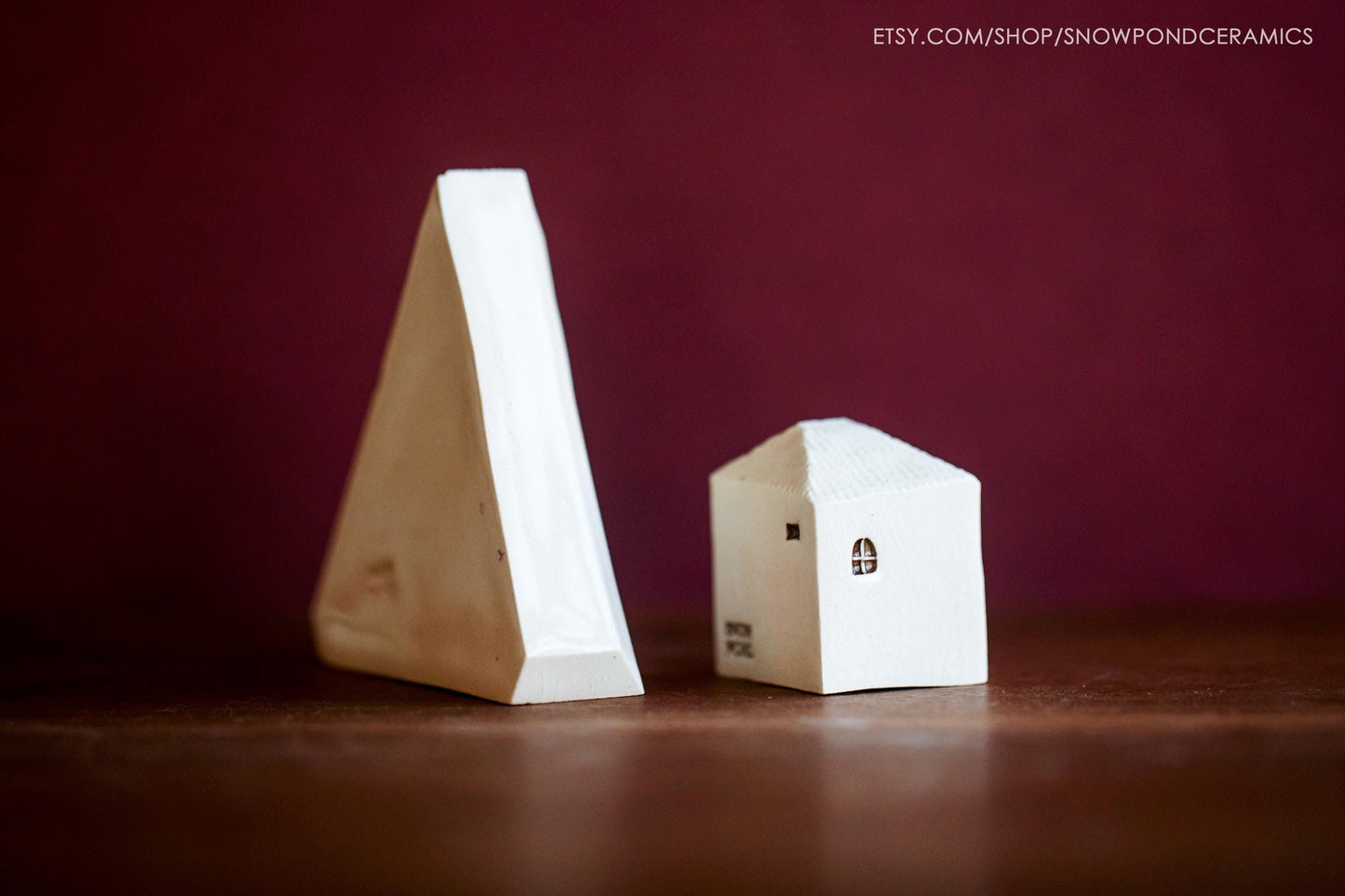 Minimalist Holiday Ceramic Village - Tiny Ceramic Christmas Tree with Modern House