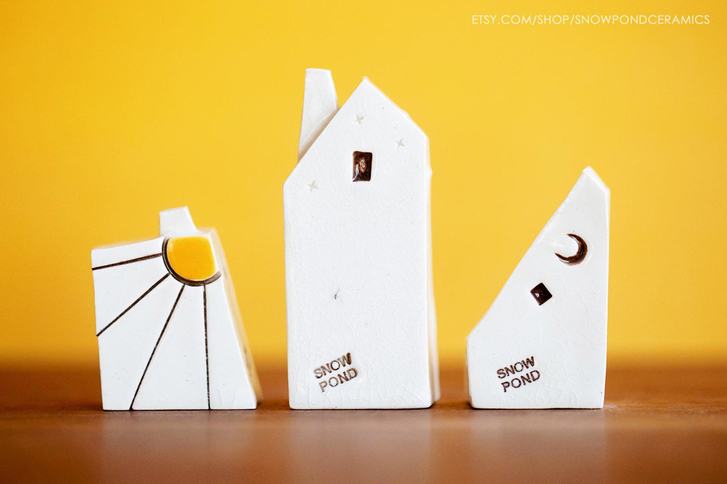 Small Whimsical Ceramic Houses with Owl, Sunshine aind Hearts - Happy Altar Decor