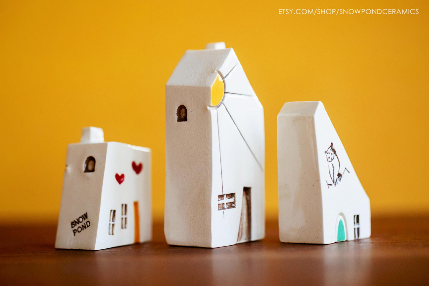 Small Whimsical Ceramic Houses with Owl, Sunshine aind Hearts - Happy Altar Decor