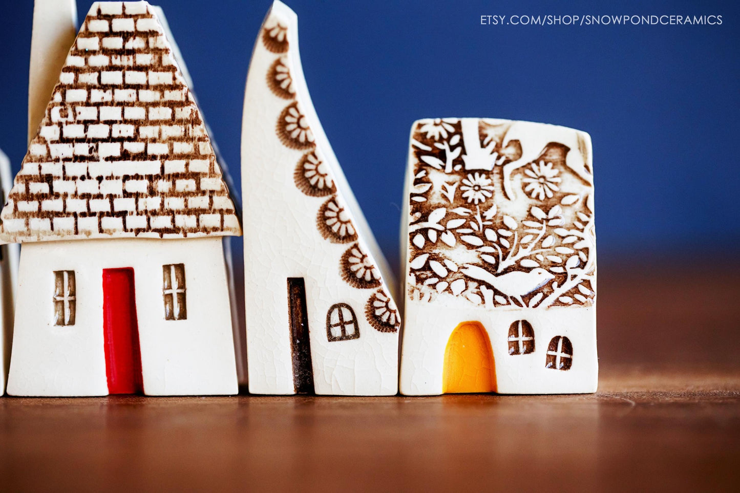 Old World Tiny Village of Ceramic Houses with Woodland Birds and Deer - Unique Handmade Housewarming Gift Idea