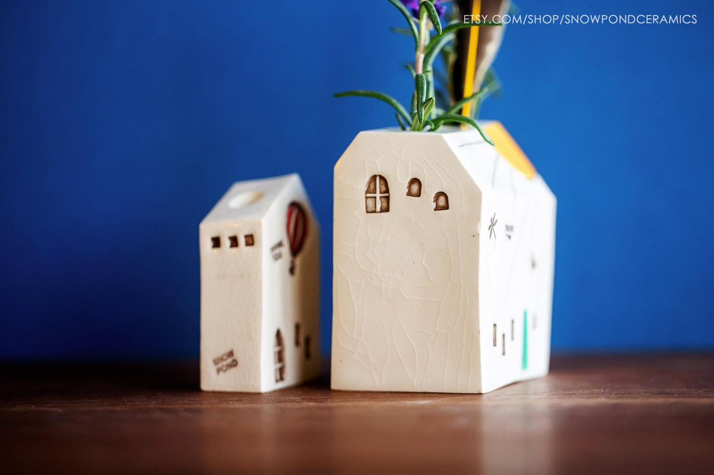 White Ceramic Miniature House Bud Vase with Thank You Message - Perfect Housewarming Present / Goodbye Gift - Hot Air Balloon / Butterfly