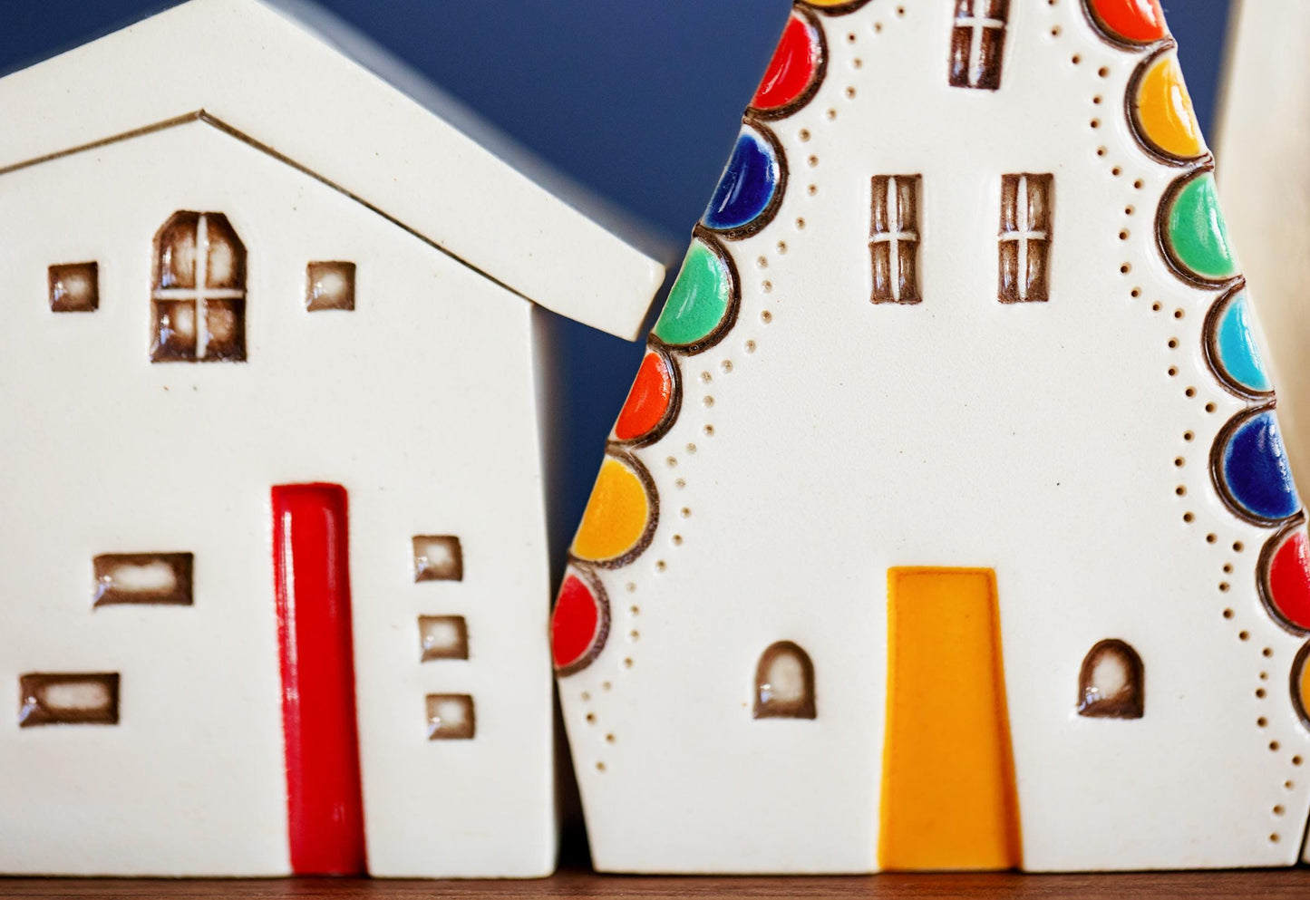 Olden Days Miniature Village of Colorful Ceramic Houses with Rainbow and Yellow Dots