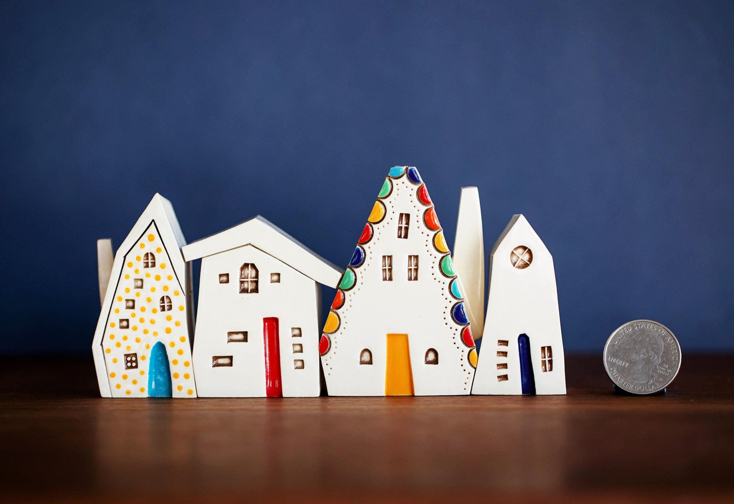 Olden Days Miniature Village of Colorful Ceramic Houses with Rainbow and Yellow Dots