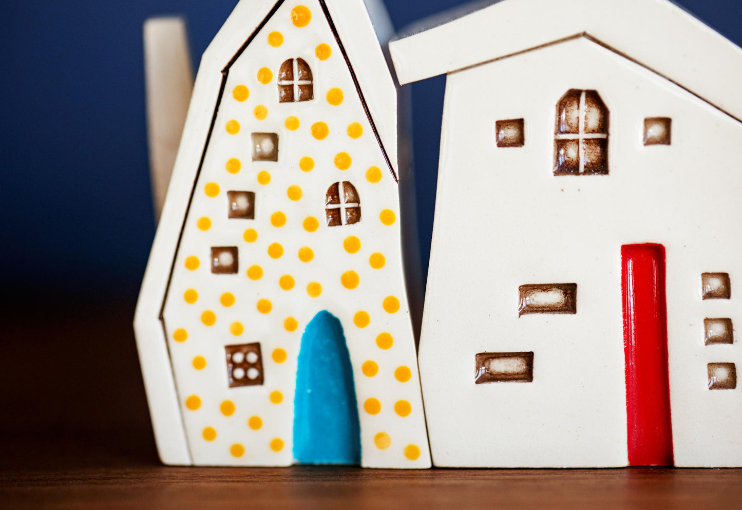 Olden Days Miniature Village of Colorful Ceramic Houses with Rainbow and Yellow Dots