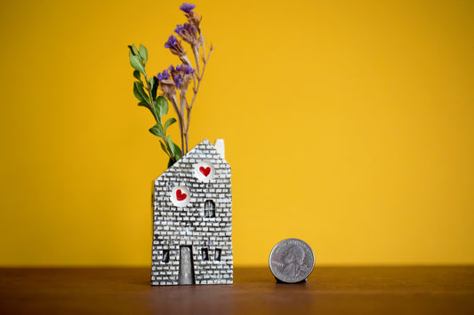Mini Ceramic Brick House with Hearts - Bud Vase, Feathers, Flowers