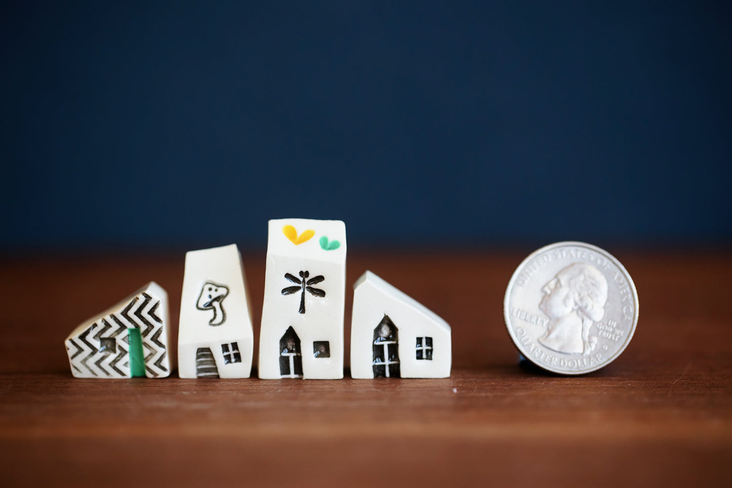 Four Teeny Tiny Ceramic Houses with Mushroom and Dragonfly