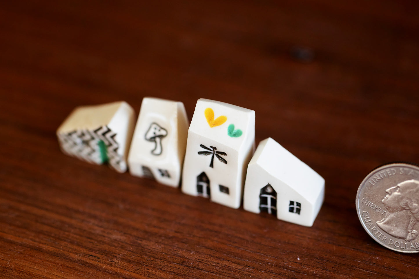 Four Teeny Tiny Ceramic Houses with Mushroom and Dragonfly
