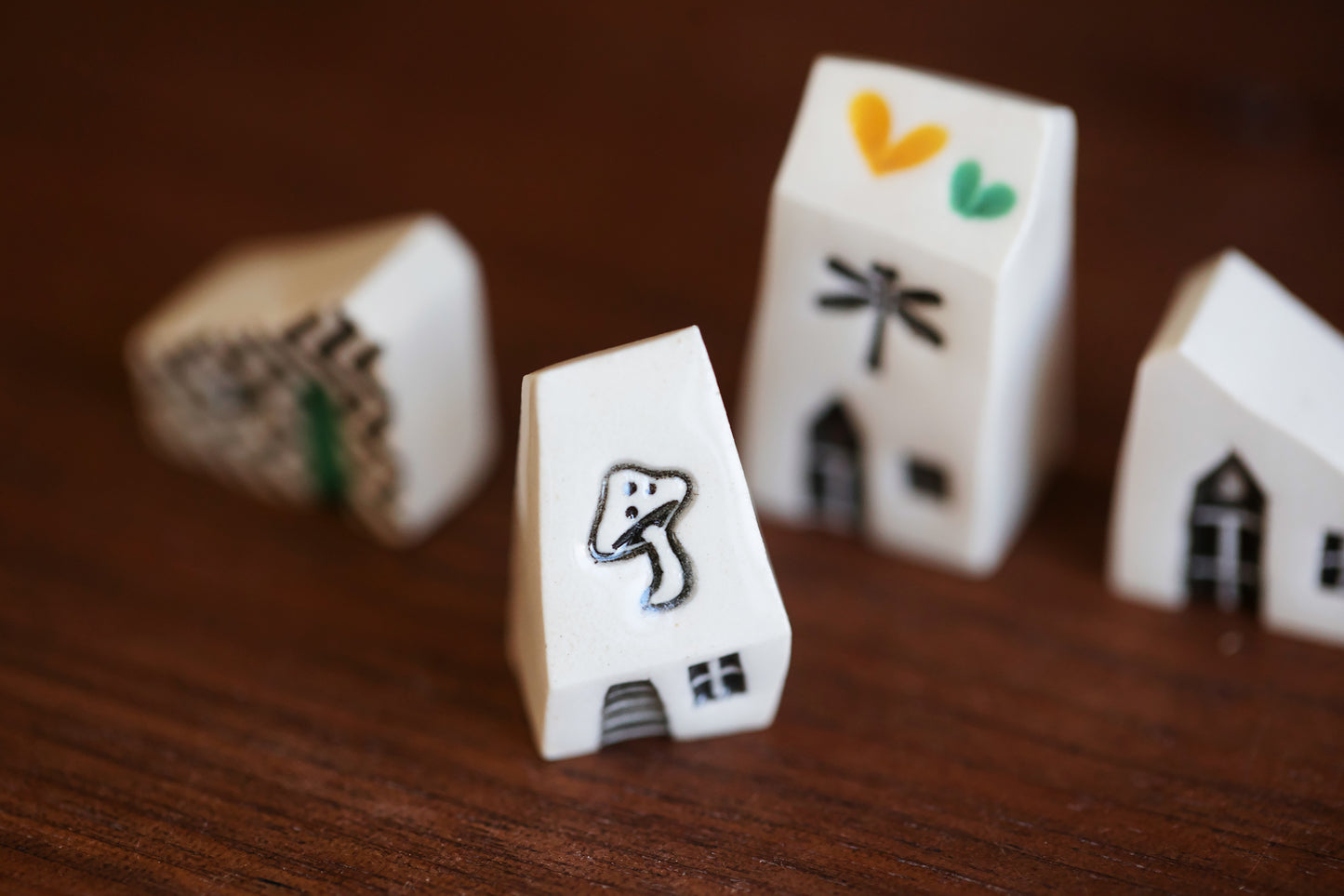 Four Teeny Tiny Ceramic Houses with Mushroom and Dragonfly