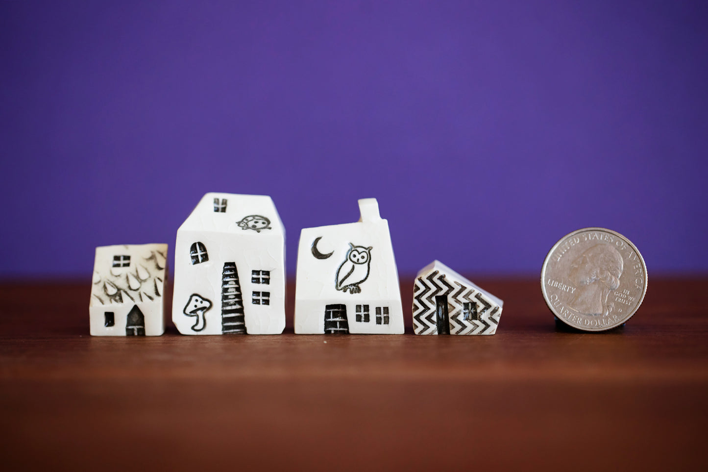 Nature Lover Gift - Miniature Ceramic Houses with Owl, Ladybug, Mushroom and Moon