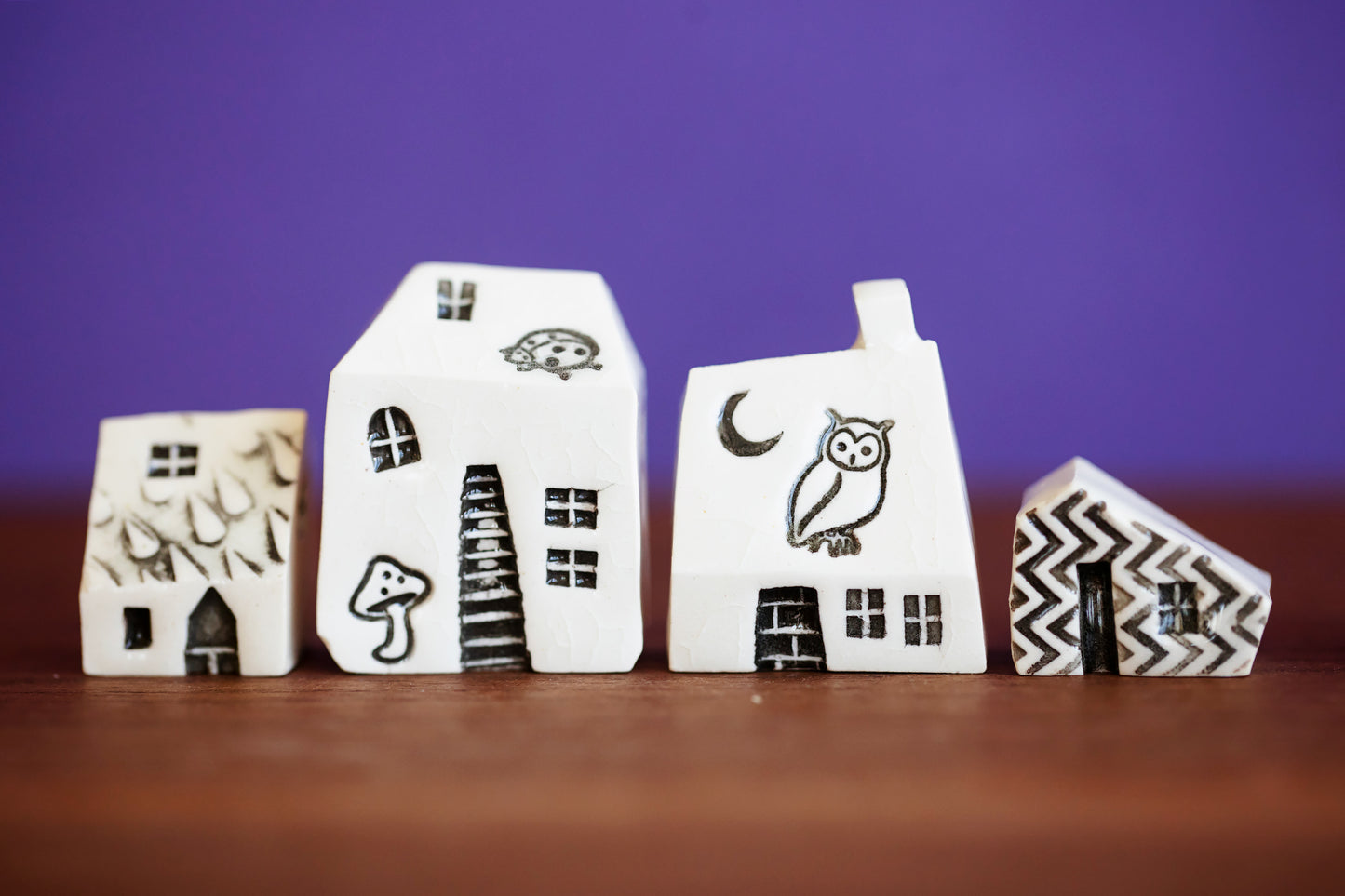 Nature Lover Gift - Miniature Ceramic Houses with Owl, Ladybug, Mushroom and Moon