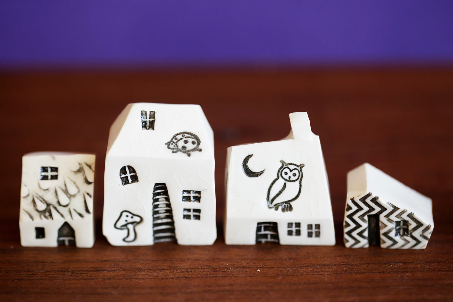 Nature Lover Gift - Miniature Ceramic Houses with Owl, Ladybug, Mushroom and Moon