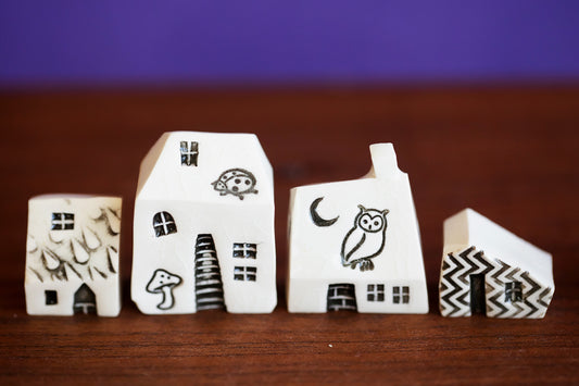 Nature Lover Gift - Miniature Ceramic Houses with Owl, Ladybug, Mushroom and Moon