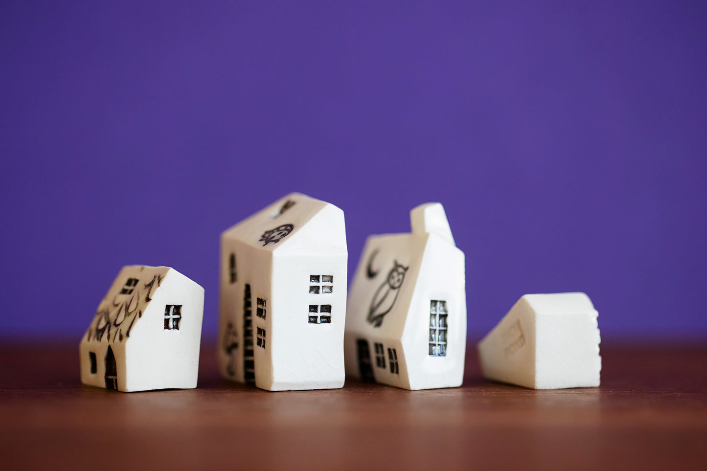 Nature Lover Gift - Miniature Ceramic Houses with Owl, Ladybug, Mushroom and Moon
