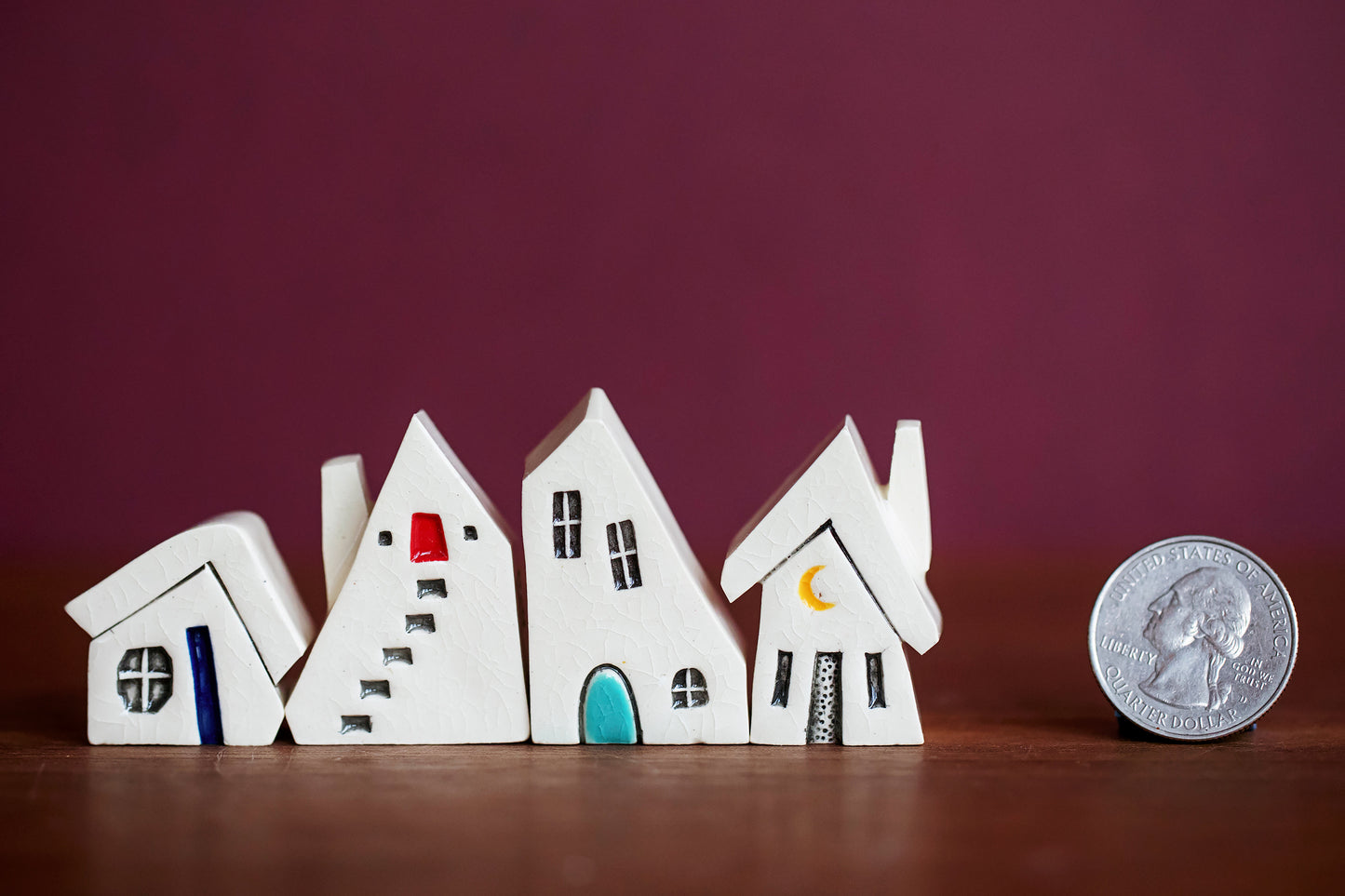Cute Miniature Ceramic Puzzle Village of Houses with Colorful Doors and Moon