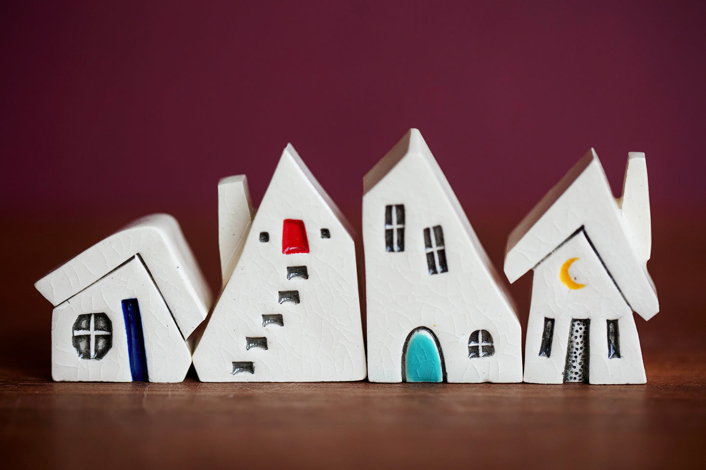 Cute Miniature Ceramic Puzzle Village of Houses with Colorful Doors and Moon