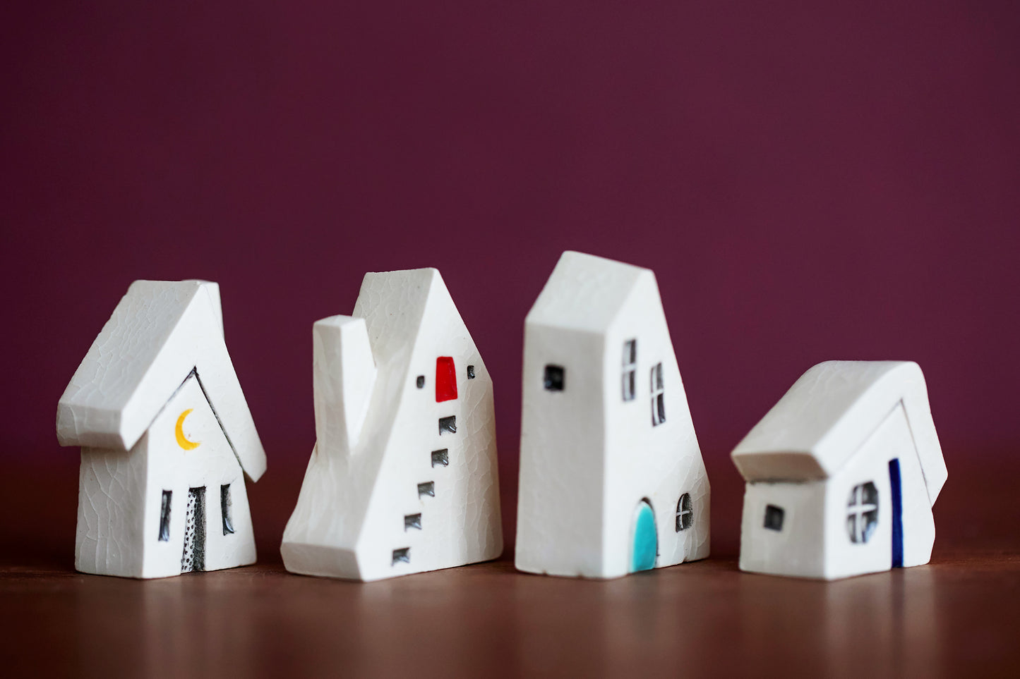 Cute Miniature Ceramic Puzzle Village of Houses with Colorful Doors and Moon