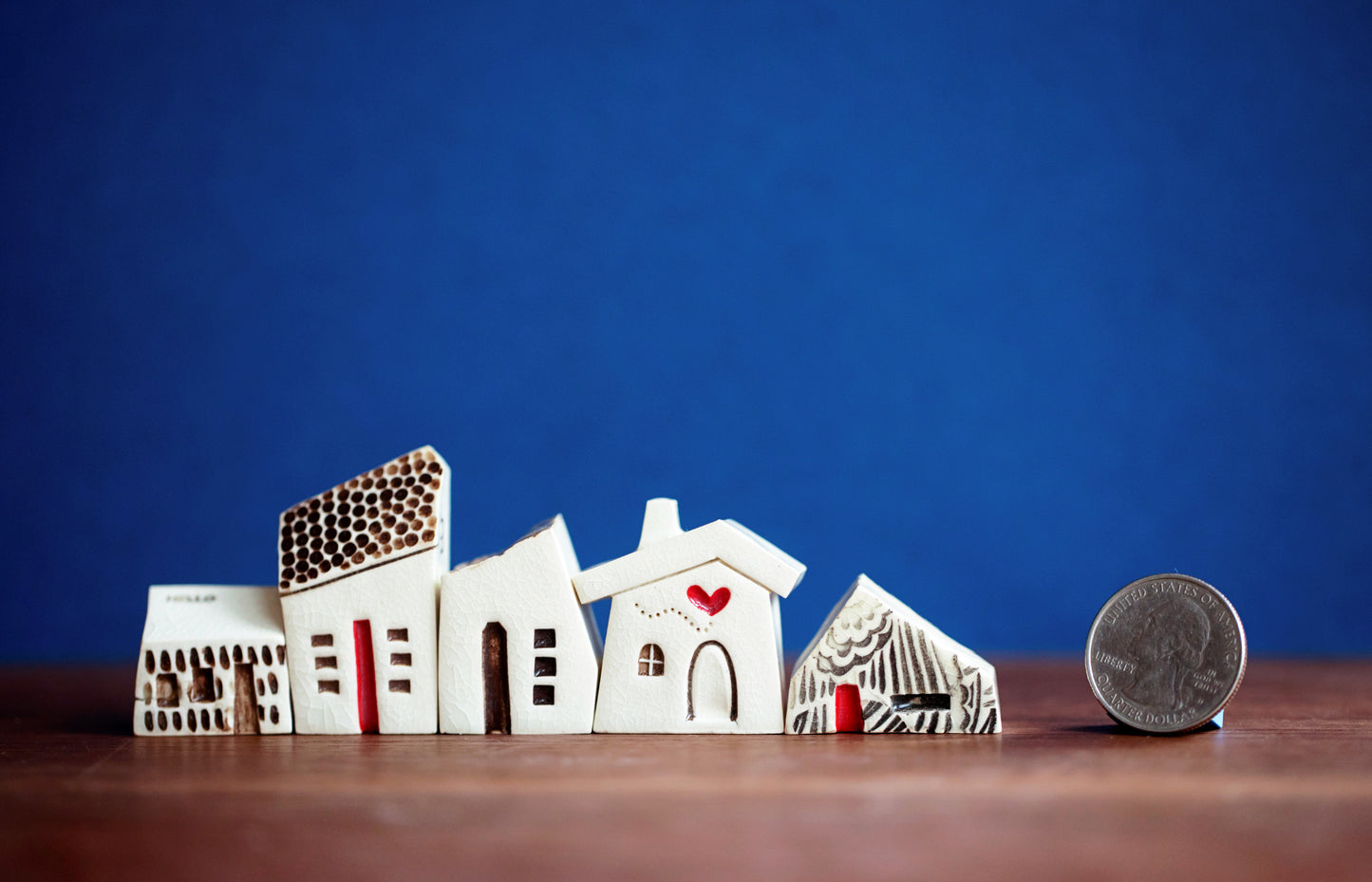 Fun Little Ceramic Village of White Houses with Red Heart