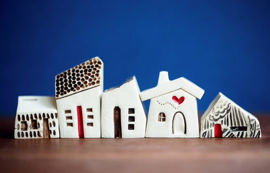 Fun Little Ceramic Village of White Houses with Red Heart