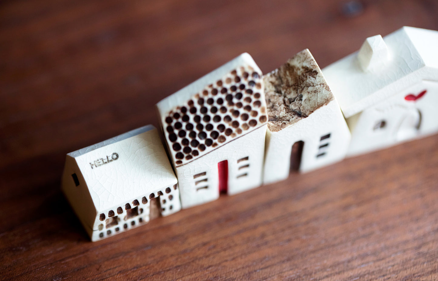 Fun Little Ceramic Village of White Houses with Red Heart