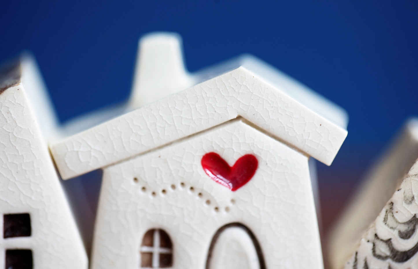 Fun Little Ceramic Village of White Houses with Red Heart